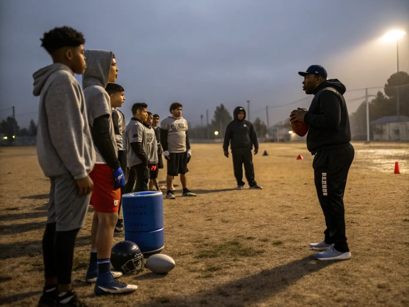 A dynamic shot of a football coach instructing young players during a training session, emphasizing skill development and teamwork.