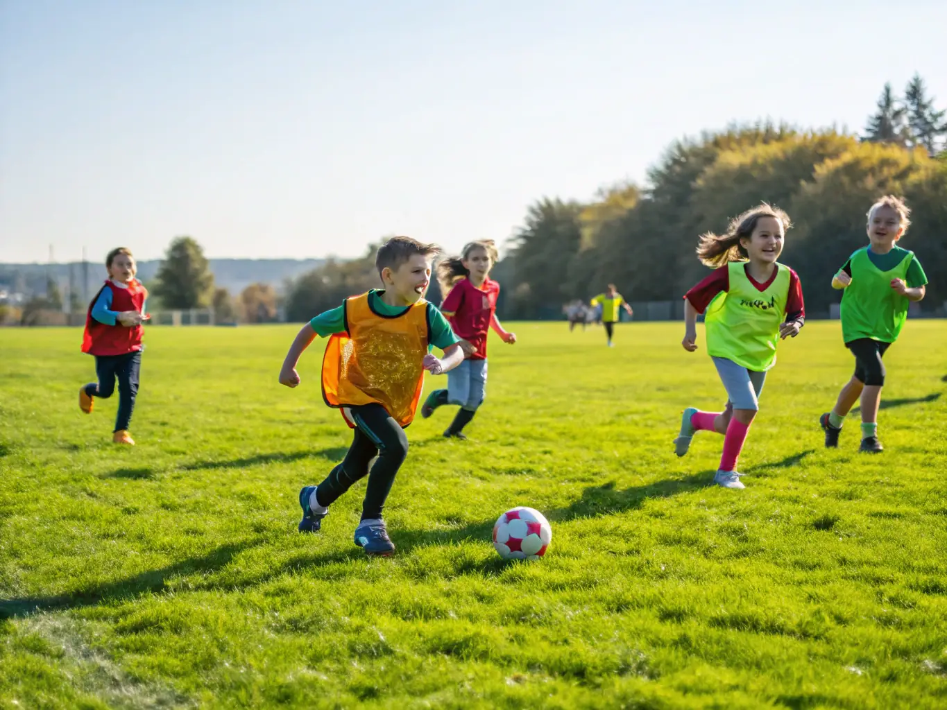 A vibrant photo of children playing football on a sunny field, smiling and engaged, representing the Youth Football Programs.