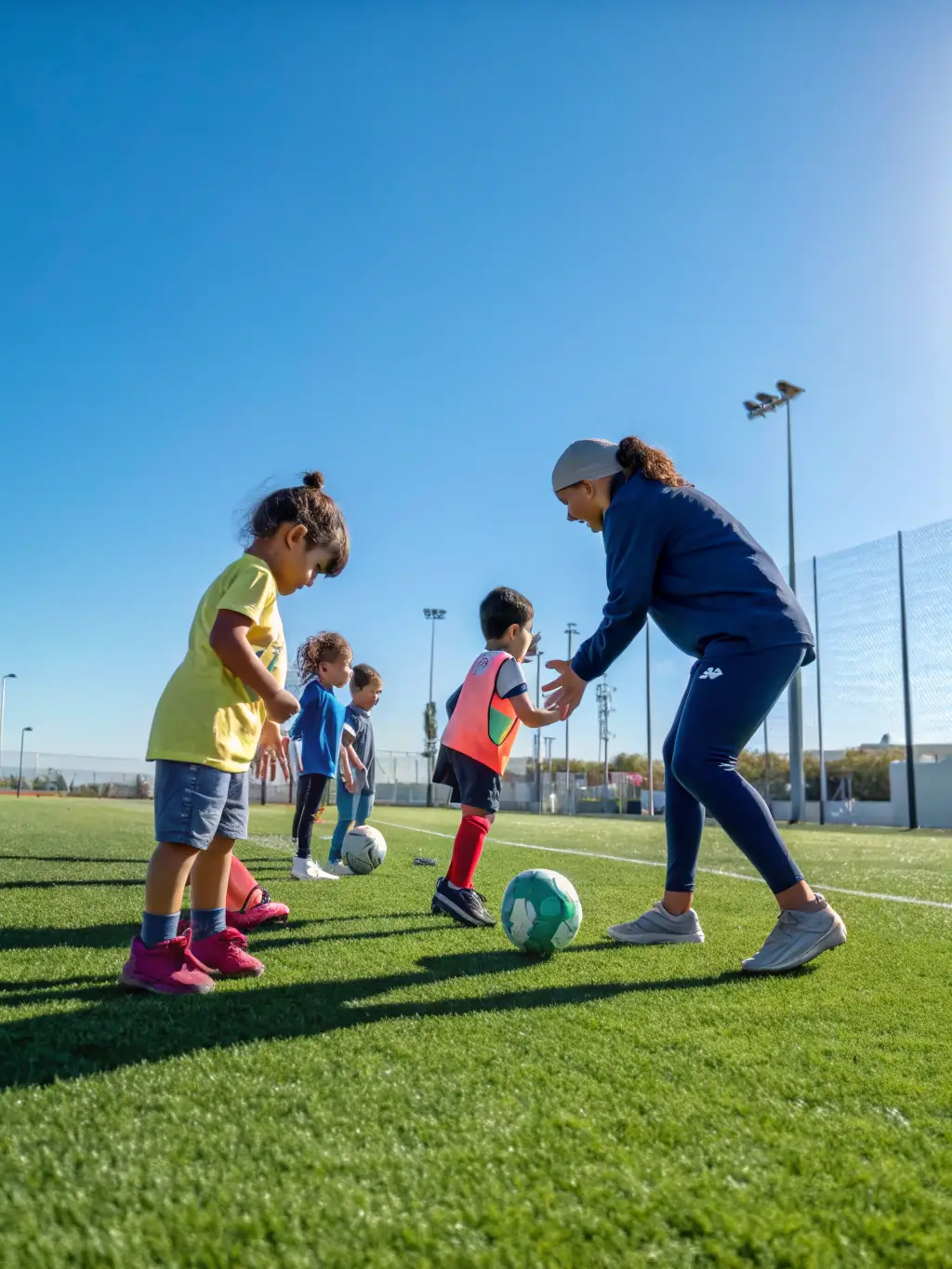A vibrant image of young children, aged 5-7, participating in a fundamental football skills training session at Amiens Sporting Club, focusing on dribbling and ball control, with coaches providing guidance in a supportive environment.