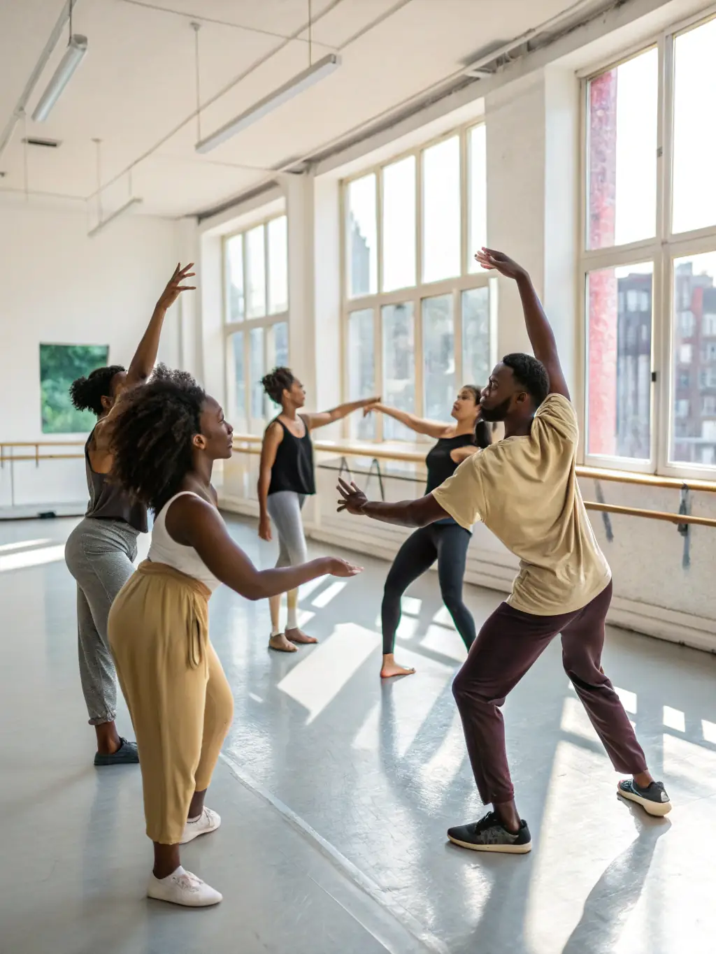 Teenagers participating in a contemporary dance workshop, exploring expressive movements and collaborating on a dance routine, set in a modern studio.