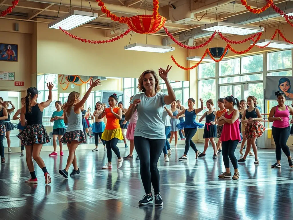 A vibrant and inclusive dance class with participants of various ages and skill levels, all smiling and engaged in learning a new dance routine in a well-lit studio with wooden floors and large mirrors.