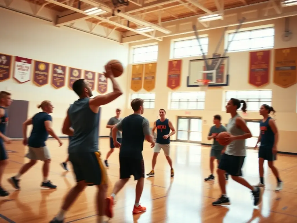 An inspiring image of adult basketball players participating in a friendly match, demonstrating their passion for the sport and camaraderie at OULLINS SAINTE FOY BASKET.
