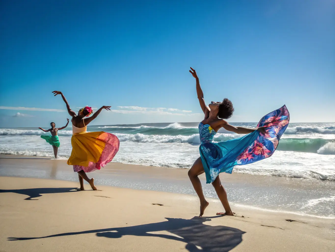 A dynamic scene from the Spring Dance Festival, featuring dancers in colorful costumes performing on an outdoor stage, with an enthusiastic audience in the background.