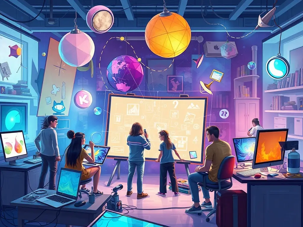 A group of participants actively engaged in a collaborative art workshop, working together on a large canvas with various colors and tools, showcasing creativity and teamwork.