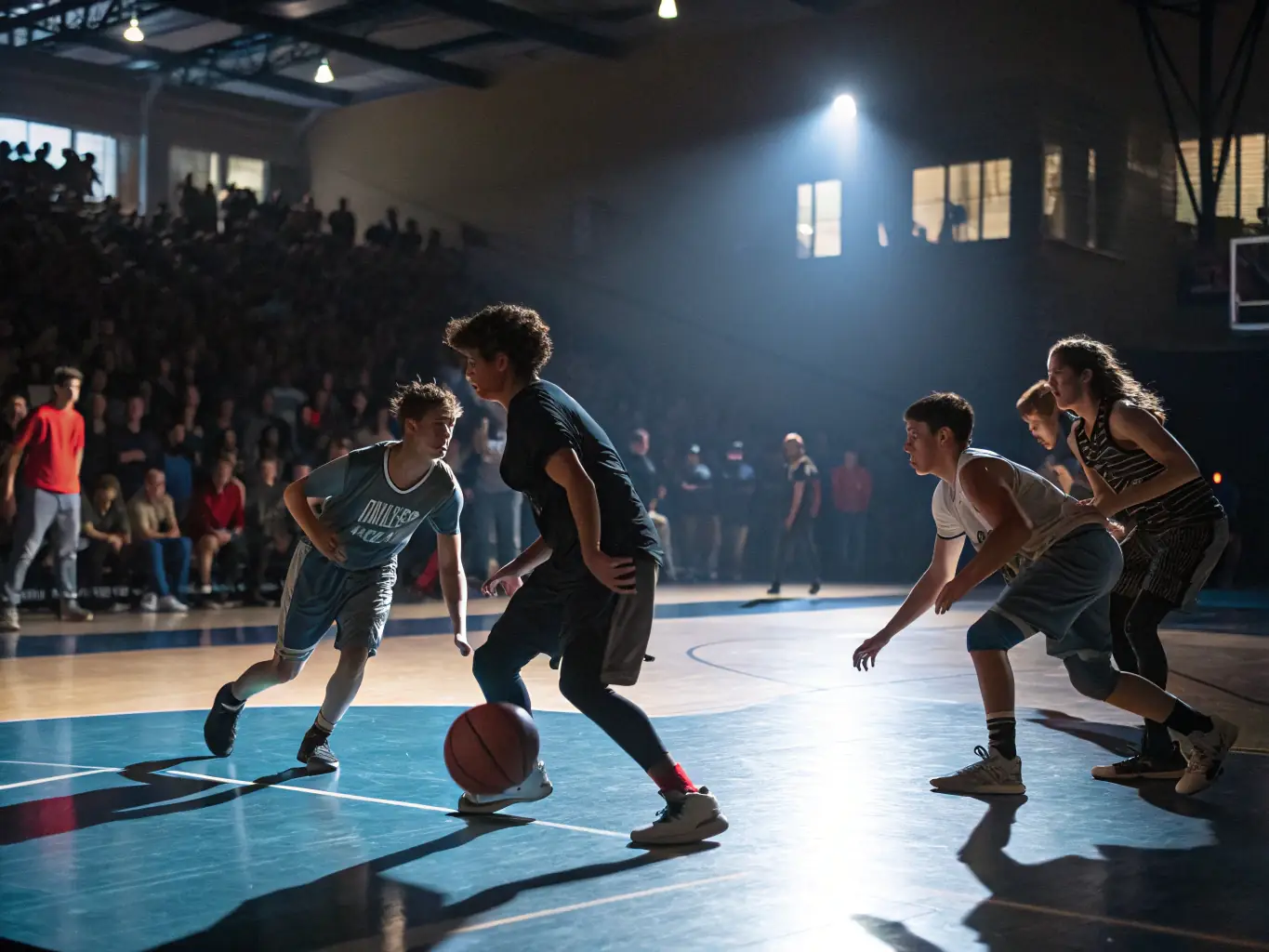 A dynamic shot of teenagers engaged in a competitive basketball game, showcasing their teamwork and advanced skills at OULLINS SAINTE FOY BASKET.