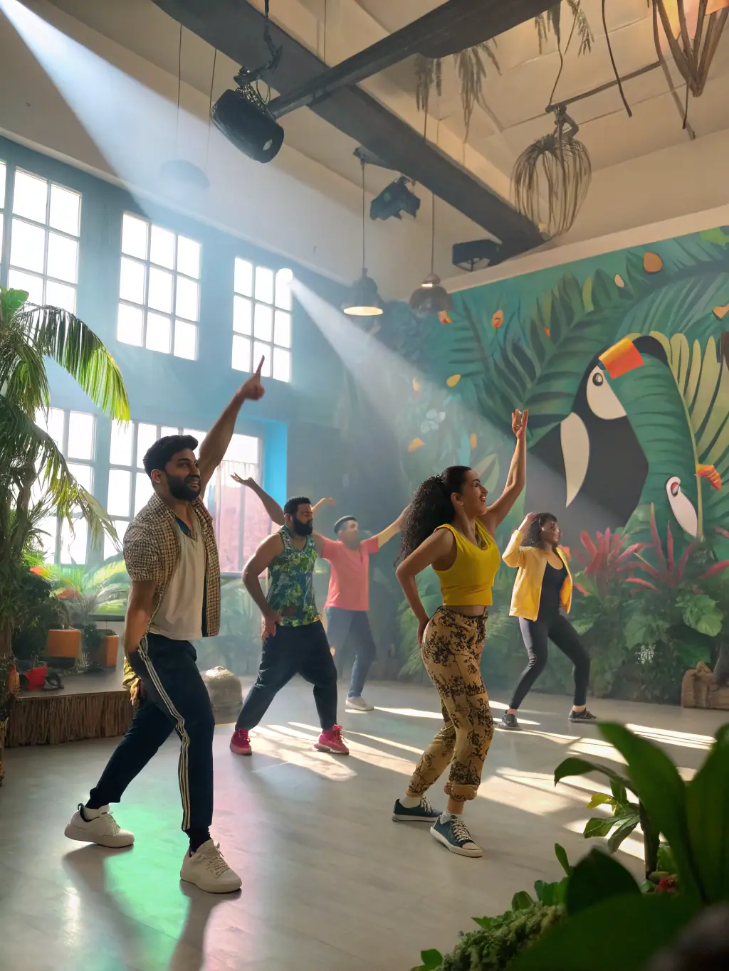 Adults in a jazz dance class, learning a lively routine with energy and enthusiasm, showcasing the fun and fitness aspects of the class.