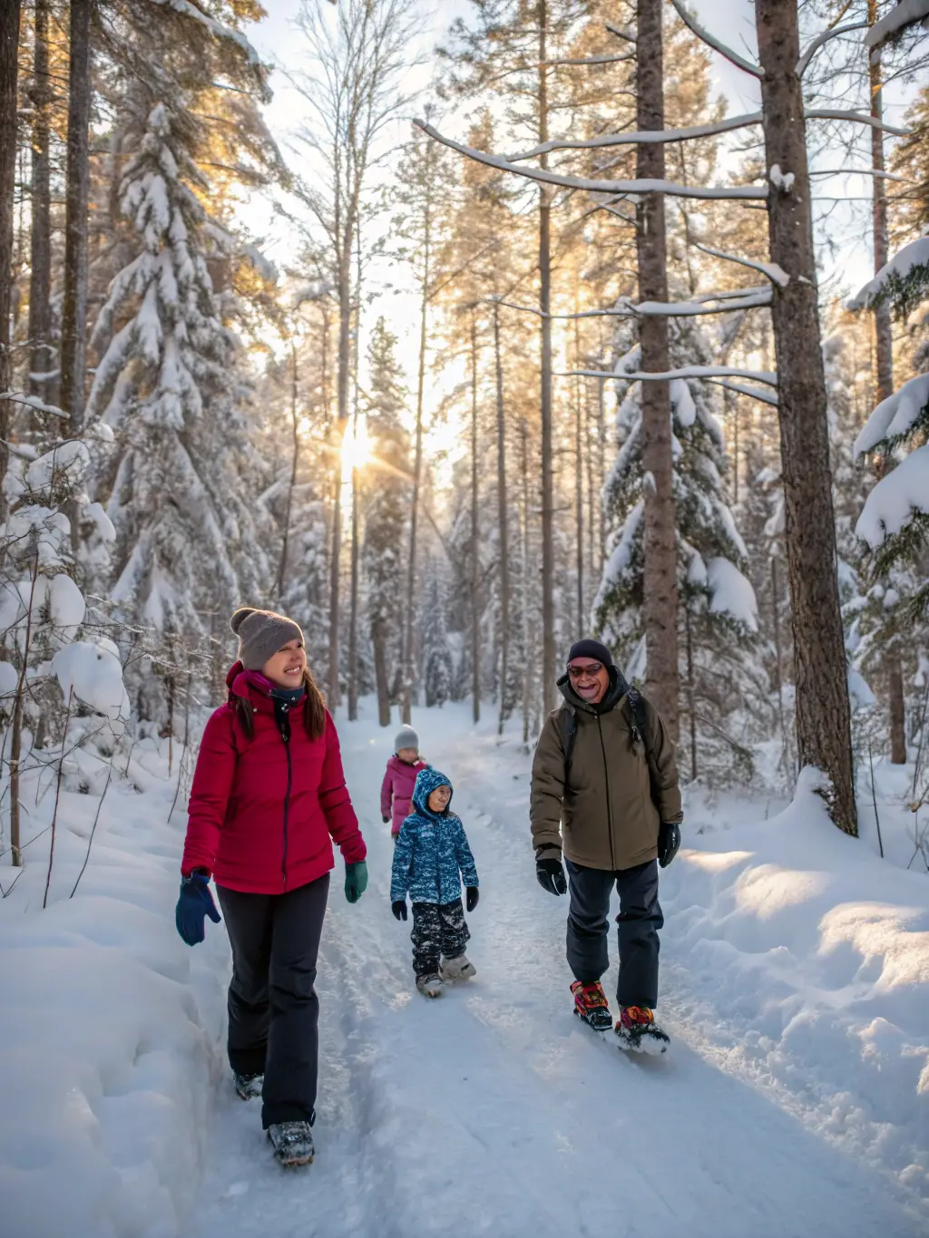 A group of people snowshoeing through a snowy forest, with snow-covered trees and a clear sky. This image represents the snowshoeing program offered by CAFN.