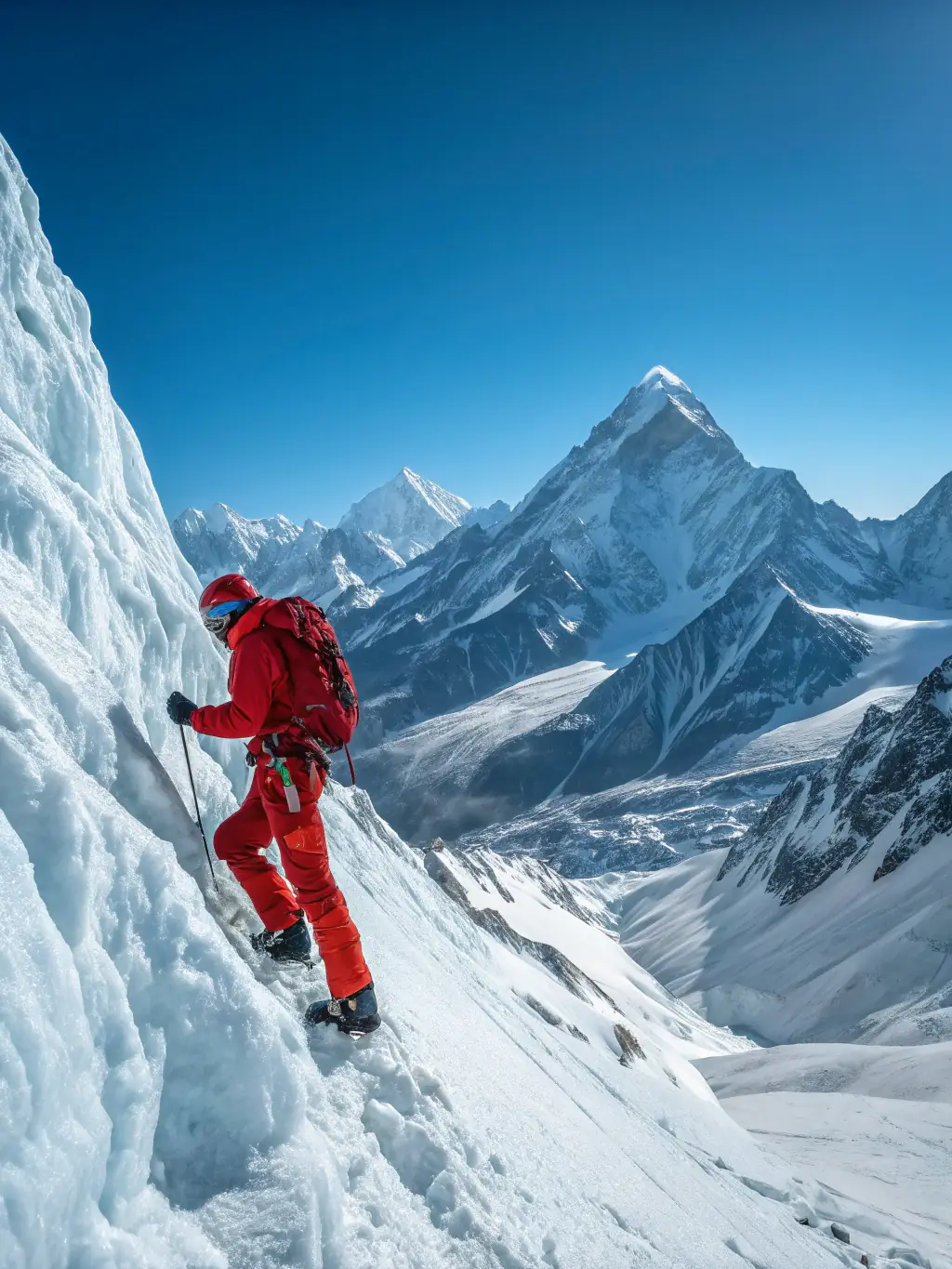 A group of climbers ascending a snowy mountain peak, using ropes and ice axes, under a clear blue sky. This image represents the mountaineering program offered by CAFN.