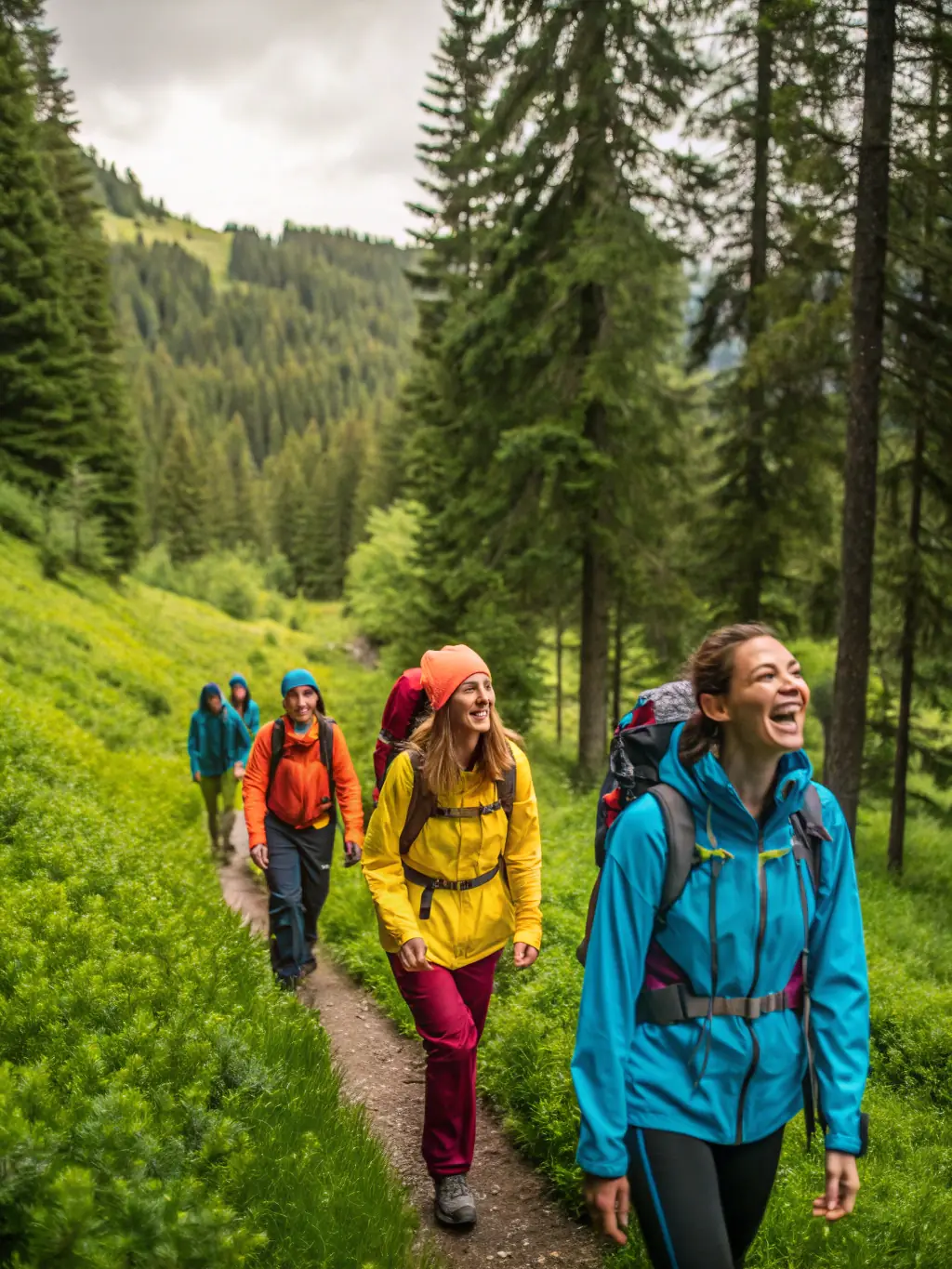 A group of hikers walking along a scenic mountain trail, surrounded by trees and wildflowers. This image represents the hiking program offered by CAFN.